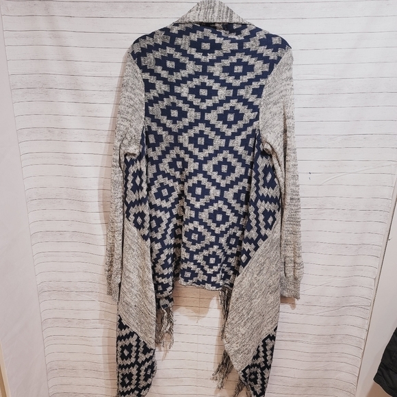 VINTAGE HAVANA TRIBAL FRINGE DUSTER NAVY & GRAY, SZ LARGE - Picture 9 of 14